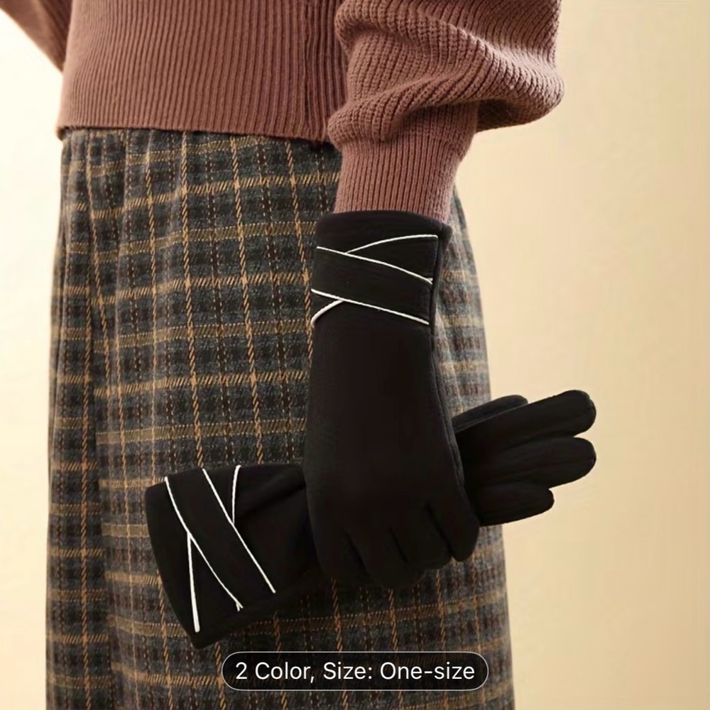 Black Cross Cuff Windproof Riding Gloves with White Accents Touchscreen